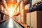 Interior of a modern warehouse. Large space for storing and moving goods. Logistics. Blurred background. The sun\\\'s rays fall