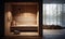 Interior of modern wooden sauna with wooden walls, tiled floor and wooden bathtub