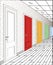 Interior of multi-colored doors on a white background. Illustration of a long corridor. Concept of infinite