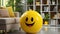 the interior of an office has a yellow smiling ball