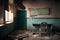 Interior of an old abandoned school with a chair in the foreground