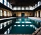 Interior of an old abandoned swimming pool building. Generative AI