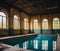 Interior of an old abandoned swimming pool building. Generative AI