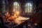 The interior of an old ancient room with books, candles and mysterious objects. Generative AI