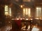 The interior of an old cluttered farmhouse kitchen with pots and jars stacked on shelves and breakfast food on a wooden table i