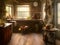 The interior of an old cluttered farmhouse kitchen with pots and jars stacked on shelves and food on a wooden table