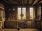 The interior of an old cluttered medieval period farmhouse kitchen with plates and jars stacked on shelves wooden ceiling beams in