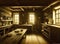 The interior of an old cluttered tudor period farmhouse kitchen with plates and jars stacked on shelves and food on a wooden table