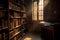 Interior of an Old Dusty Library with shelves of books