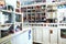 Interior of old eastern european convenience store with shelves full of vintage cans, boxes, bottles and other containers with