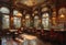 interior of an old european cafe with stools and chairs round tables with glasses and bowls