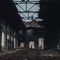 Interior of old factory buildings destroyed. Ruins of industrial enterprise, dark debris destroyed factory premises in factory as