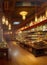 The interior of an old fashioned food shop with vegetables, fruit and jars of food on shelves.