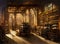 The interior of an old fashioned wine merchant with bottles stacked on shelves and on tables.