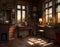 interior of an old study room in a house with papers on a desk and table and old-fashioned wooden furniture