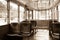 Interior of an old vintage tram. Inside is empty, wooden seats. Shadows. Through the glass windows you can see the trees. sepia.