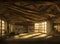 The interior of an old wooden rural barn with atmospheric sunlight coming through windows and scattered farm equipment.