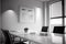 Interior of open space office with white walls, concrete floor, rows of wooden computer desks and meeting room in