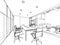 Interior outline sketch drawing perspective of a space office