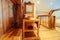 Interior of part of bedroom with mirror table ceramic dishes