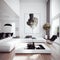 Interior photography, modern bedroom, with large stylish bed, modern design, in white.