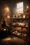 Interior of quaint christmas toyshop with old wood shelves with toys and christmas tree. Vintage style.