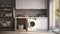 Interior of a real laundry room with a washing machine at the window at home. Generative AI