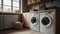 Interior of a real laundry room with a washing machine at the window at home. Generative AI