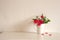 Interior red blooming China rose, interior potted flowers, copy space