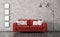 Interior with red sofa against of concrete wall 3d render