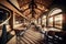 Interior of restaurant. Panorama. Wooden design. Generative Ai