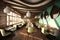 Interior of restaurant. Panorama. Wooden design. Generative Ai