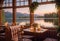 interior of a romantic cozy cafe on the terrace against the backdrop of nature, evening sunset, outdoor recreation,