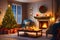 the interior of a room adorned with a cozy fireplace and Christmas trees