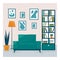 Interior of a room or home library: armchair, flowers, books, bookcase. Modern design interior of home furniture for