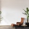 Interior room with leather armchair and green plant interior wall mockup