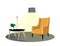 Interior scene. Vector illustration. Armchair and coffee table with books. Cozy room