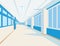 Interior of school hall in flat style. Vector illustration of university or college corridor with windows.