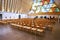 Interior seating area of Christchurch Transitional Cathedral by Shigeru Ban after earthquake disaster, Canterbury, New Zealand