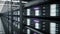 Interior of server room in datacenter. The flying camera. Realistic 4k animation.