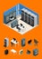 Interior Server Room and Parts Isometric View. Vector