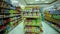 Interior shot of city supermarket, Juice, food, coffee and tea beverage corridor in Walmart store