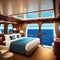 An interior shot of a luxurious cabin on a cruise with a plush polished wood and ocean views through the window