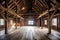 interior shot of restored barn showcasing wooden beams