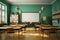 Interior shot of a school classroom featuring desks, chairs, and a blank chalkboard