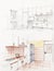 Interior sketched perspective of apartment kitchen