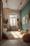 Interior of small children room in Mediterranean style with teal wall