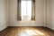 Interior space, empty room, laminate wooden floor with opened window receiving sunlight in the morning
