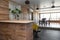 The interior space of the living space. Bar counter made of porcelain stoneware and wooden countertops.