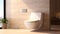 Interior of spacious clean bathroom with toilet bowl in modern apartment with beige tiled wall